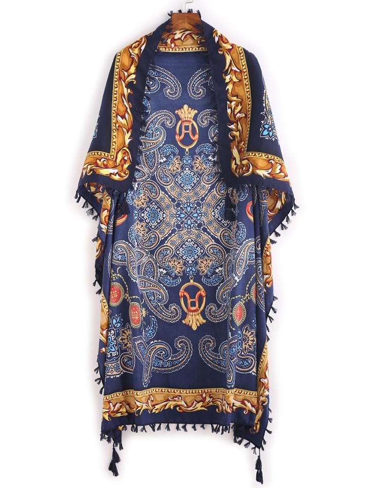Romwe Vintage Paisley Print Tassel Scarf