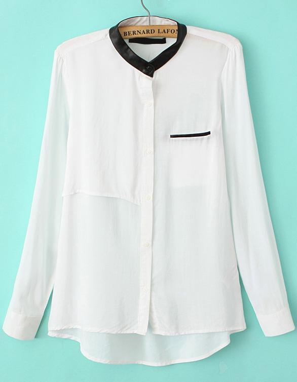 Romwe Contrast Collar Dip Hem White Blouse