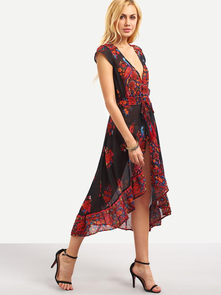 Romwe Surplice Front Flower Print Asymmetric Chiffon Dress - Black