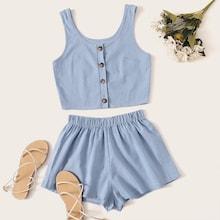 Romwe Striped Button Front Tank Top With Shorts