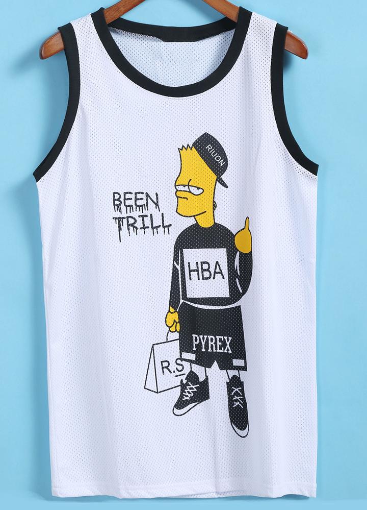 Romwe Simpson Print White Tank Top