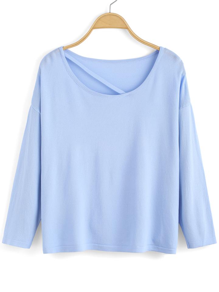 Romwe Round Neck Loose Blue Sweater