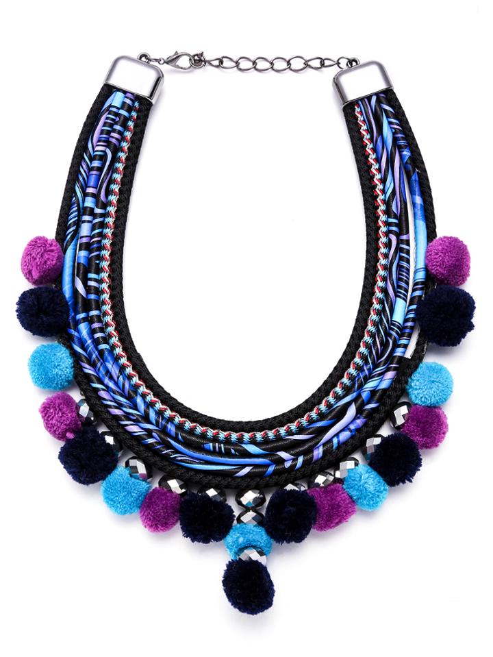Romwe Blue Multi Strand Pom Pom Statement Necklace
