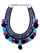 Romwe Blue Multi Strand Pom Pom Statement Necklace