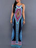 Romwe Tribal Print Backless Maxi Cami Dress - Blue