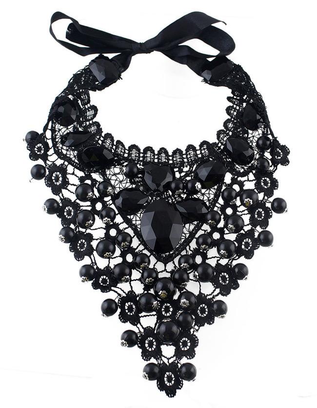 Romwe Black Gemstone Net Collar Neckalce