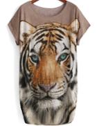 Romwe Camel Short Sleeve Tiger Print Rhinestone T-shirt