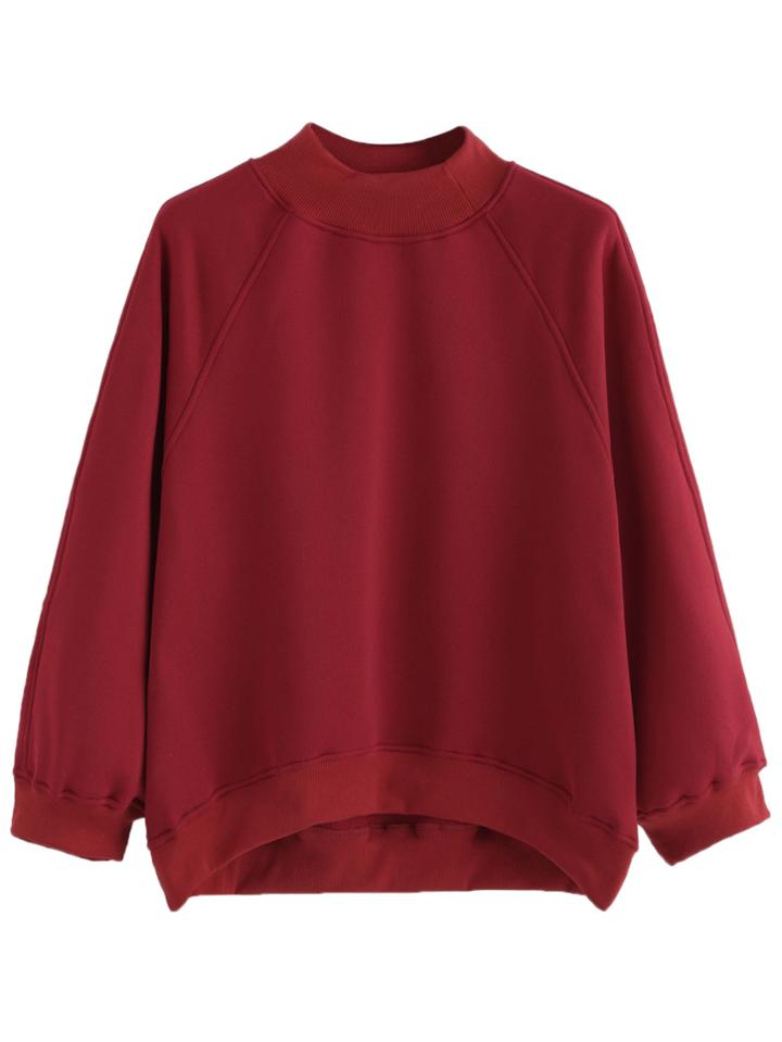 Romwe Burgundy Raglan Sleeve Dip Hem Sweatshirt