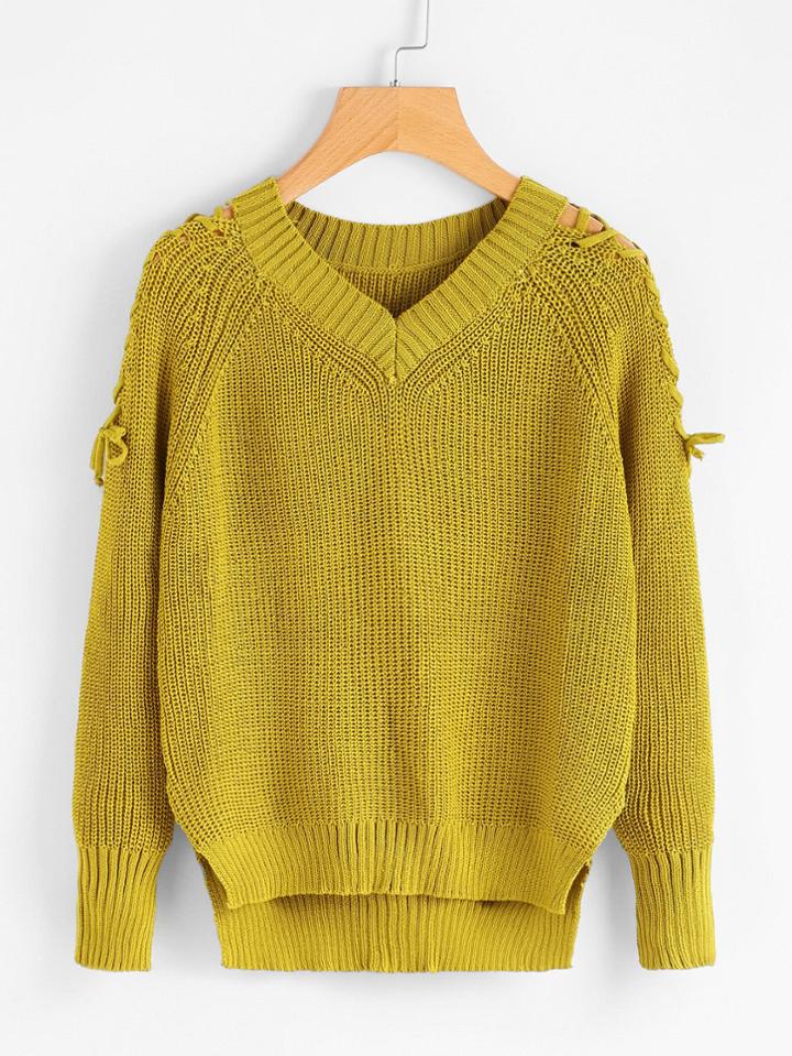 Romwe V Neckline Lace Up Shoulder Dip Hem Sweater
