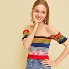 Romwe Off-shoulder Colourful Stripe Knit Top