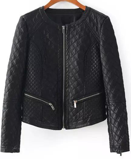 Romwe Diamond Patterned Crop Pu Jacket