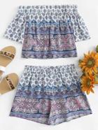 Romwe Ornate Print Off The Shoulder Top With Short