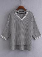 Romwe Black Vertical Striped Choker Neck High Low Knitwear