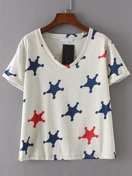 Romwe V-cut Star Print Rolled Cuff Tee