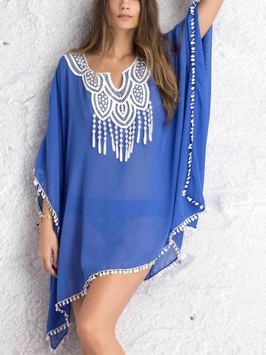 Romwe Blue Tassel Loose Chiffon Blouse