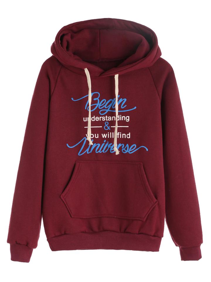Romwe Burgundy Slogan Print Raglan Sleeve Drawstring Hooded Pocket Sweatshirt