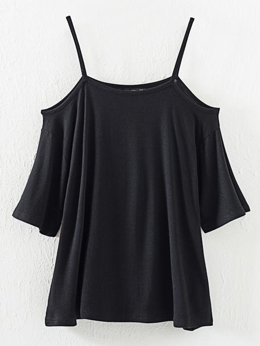 Romwe Black Cold Shoulder Shift T-shirt