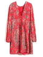 Romwe Red Lantern Sleeve Lace Up Front Vintage Print Dress