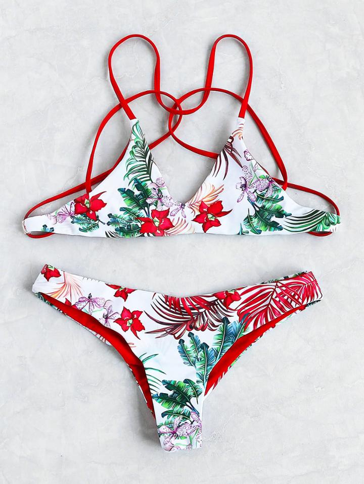 Romwe Tropical Print Strappy Tie Back Bikini Set