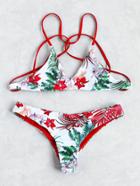 Romwe Tropical Print Strappy Tie Back Bikini Set