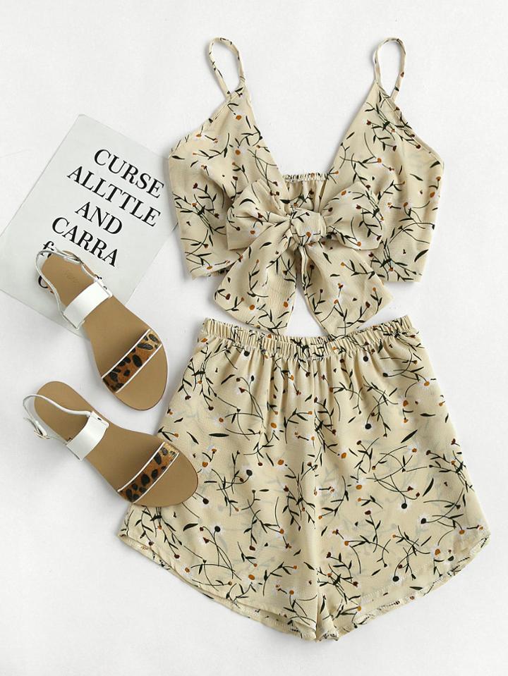 Romwe Random Bow Tie Open Front Crop Cami Top With Shorts