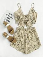 Romwe Random Bow Tie Open Front Crop Cami Top With Shorts