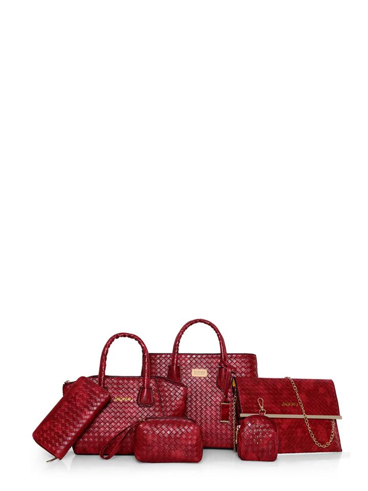 Romwe Plaid Embossed Faux Leather Bag Set 6pcs