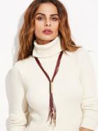 Romwe Burgundy Faux Leather Tassel Metal Trim Sweater Necklace