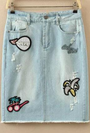 Romwe Sunglass Embroidered Denim Light Blue Skirt