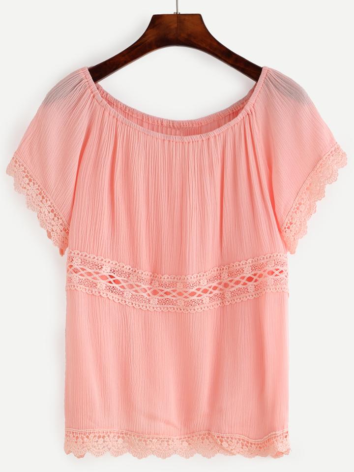 Romwe Pink Crochet Trim Crinkle Top