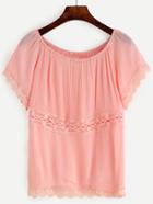 Romwe Pink Crochet Trim Crinkle Top