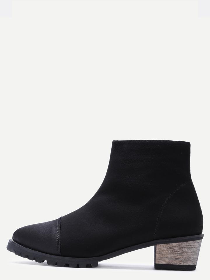 Romwe Black Suede Cap Toe Cork Heel Side Zipper Booties
