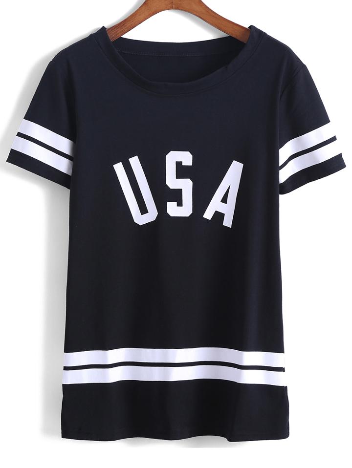 Romwe Letter Print Striped T-shirt