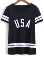 Romwe Letter Print Striped T-shirt
