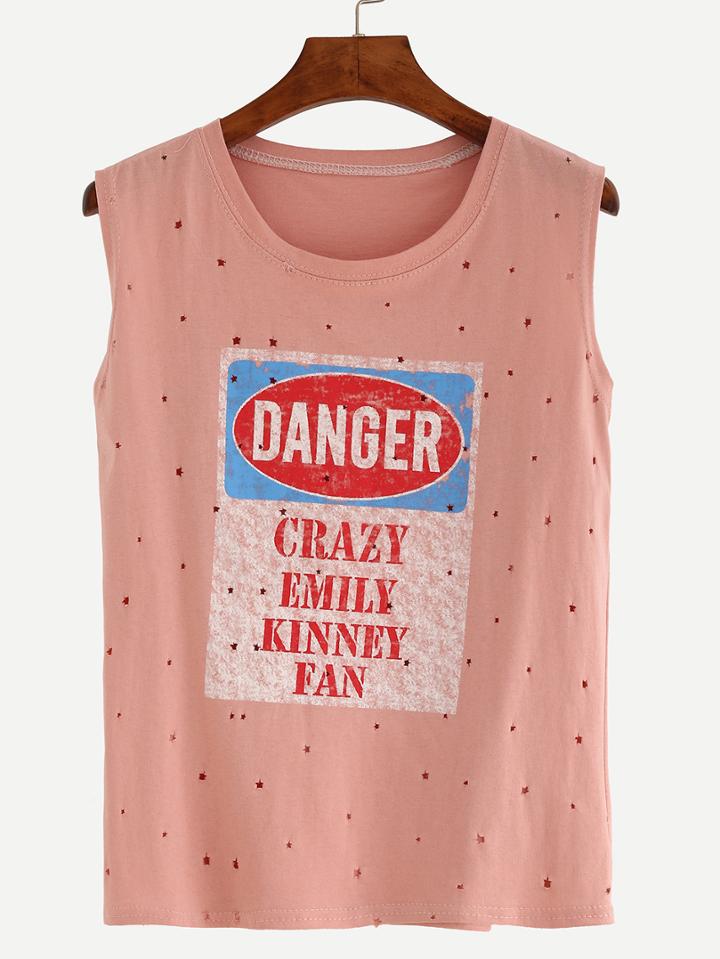 Romwe Graphic Print Eyelet Sleeveless Top - Pink