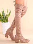 Romwe Apricot Point Toe Tie Back Side Zipper Thigh High Suede Boots