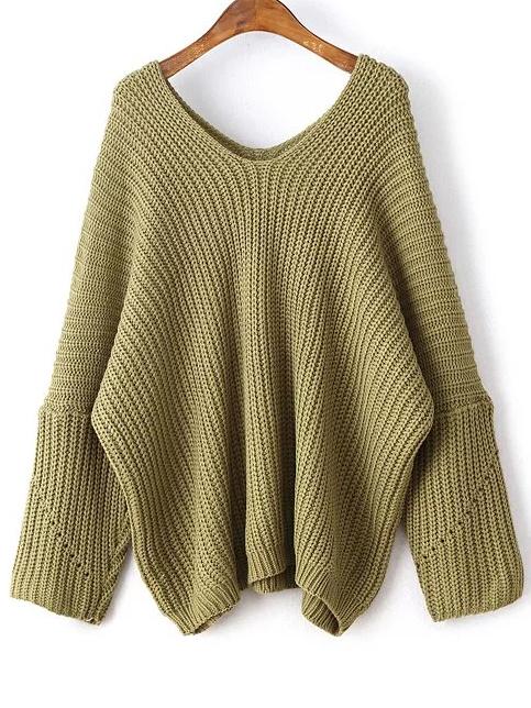 Romwe Army Green V Neck Drop Shoulder Oversized Sweater