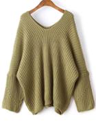 Romwe Army Green V Neck Drop Shoulder Oversized Sweater