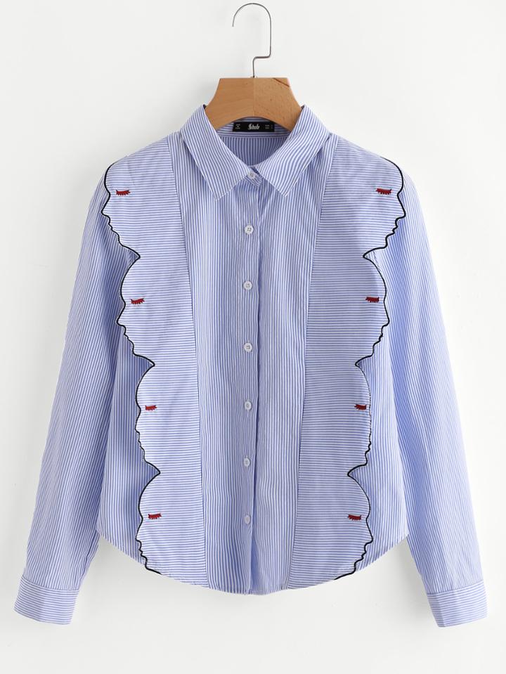 Romwe Embroidered Side Face Outline Detail Shirt