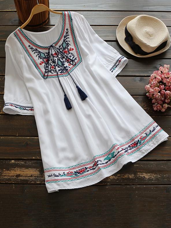 Romwe Embroidered Self Tie Neck Long Top