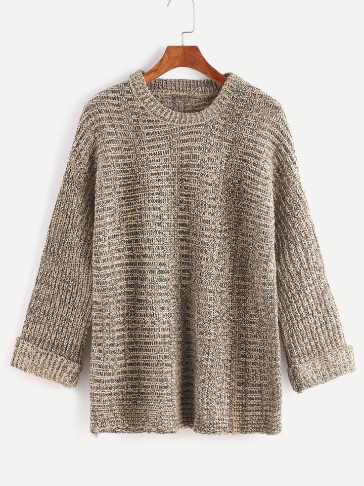 Romwe Khaki Dropped Shoulder Seam Cuffed Slub Sweater