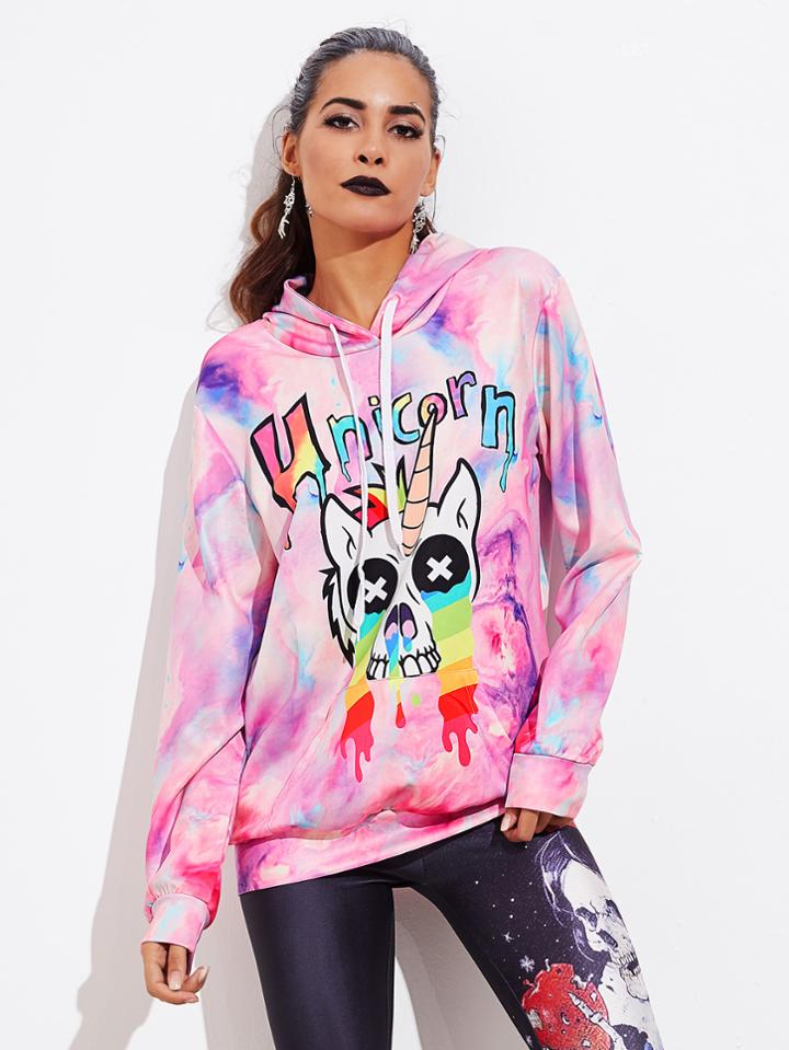 Romwe Cartoon Print Tie Dye Hoodie