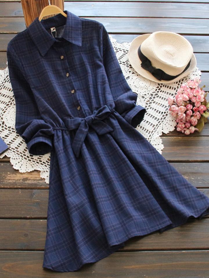 Romwe Bow Tie Elastic Waist Check Shirt Dress