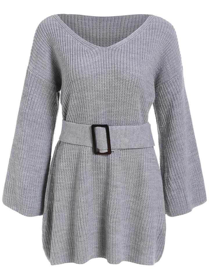 Romwe V Neck Belt Sweater Dress