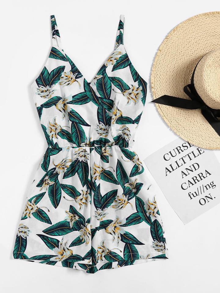 Romwe Floral Leaves Print Random Surplice Cami Romper