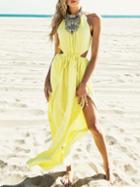 Romwe Halter Cut Out Slit Chiffon Yellow Dress