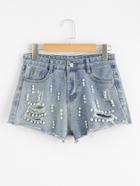 Romwe Faux Pearling Raw Hem Ripped Denim Shorts