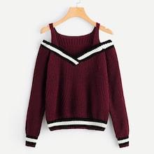 Romwe Cold Shoulder Contrast Striped Sweater