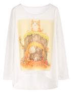 Romwe Beige Cats Print Dropped Shoulder Seam High Low T-shirt