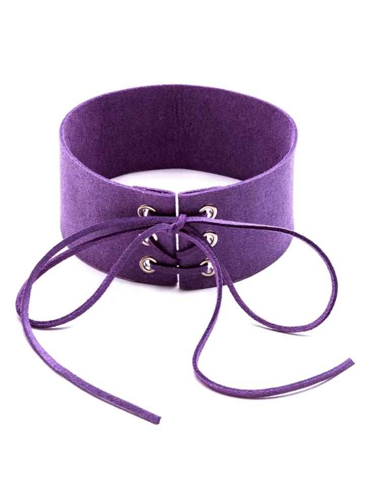 Romwe Purple Lace Up Tie Front Suede Wide Choker